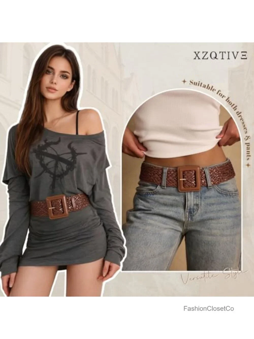 Wide Leather Belt - No Hole Adjustable Waist Belt for Dresses